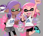  1boy 1girl arm_up bike_shorts dark_skin dark_skinned_male green_eyes hakinikui_kutsu_no_mise inkling pink_hair pointy_ears purple_hair shoes sneakers splatoon splatoon_2 standing standing_on_one_leg tank_top tentacle_hair topknot v wristband 