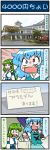  2girls 4koma ^_^ architecture artist_self-insert bag blue_eyes blue_hair breasts building closed_eyes clouds cloudy_sky comic commentary detached_sleeves east_asian_architecture frog_hair_ornament green_eyes green_hair hair_ornament hair_tubes heterochromia highres holding holding_umbrella japanese_clothes juliet_sleeves karakasa_obake kochiya_sanae large_breasts long_hair long_sleeves mizuki_hitoshi multiple_girls nontraditional_miko open_mouth photo puffy_sleeves red_eyes shopping_bag short_hair sign skirt sky smile snake_hair_ornament sweat tatara_kogasa touhou translated tree umbrella vest wide_sleeves 