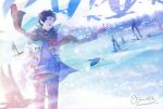  1boy arm_up backlighting bird black_hair clouds coat commentary fusui goose lens_flare looking_to_the_side male_focus open_mouth original plaid plaid_scarf scarf short_hair signature silhouette sky smile snow snowing sunlight sweater wind winter winter_clothes 