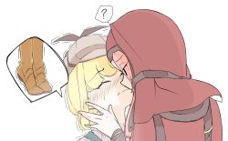  2girls blonde_hair blush_stickers boots brown_footwear deerstalker harness hat heaven_burns_red height_difference imminent_kiss irene_redmayne maria_de_angelis multiple_girls nun randayo_sasaki red_hair shirt short_hair tiptoes veil yuri 