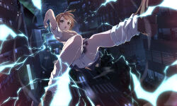  1girl absurdres academy_city brown_eyes brown_footwear brown_hair brown_sweater_vest building commentary electricity grey_skirt hair_ornament hairclip highres loafers looking_at_viewer loose_socks midair misaka_mikoto night open_mouth pension_z pleated_skirt psychic road school_uniform shirt shoes short_sleeves shorts shorts_under_skirt skirt socks solo street summer_uniform sweater_vest toaru_kagaku_no_railgun toaru_majutsu_no_index tokiwadai_school_uniform white_shirt white_socks 