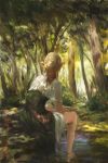  1girl blonde_hair blurry capelet commentary day dress elf fantasy faux_traditional_media forest from_behind hands_on_lap highres long_hair matsura_ichirou nature original pointy_ears scenery signature sitting soaking_feet solo sunlight tree water 
