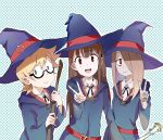  3girls absurdres akko_kagari blonde_hair broom brown_eyes brown_hair freckles glasses green_eyes hair_over_one_eye hat highres light_brown_hair little_witch_academia long_hair looking_at_viewer lotte_yanson multiple_girls open_mouth polka_dot polka_dot_background semi-rimless_glasses short_hair sishenfan sketch smile sucy_manbavaran under-rim_glasses upper_body v witch witch_hat 