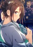  1girl bangs blue_eyes blue_kimono blush breasts brown_hair closed_mouth fireworks from_behind hair_between_eyes hair_ornament hairclip hand_up hirasato japanese_clothes kimono looking_at_viewer medium_breasts nape obi original ramune sash sketch smile solo tied_hair upper_body 