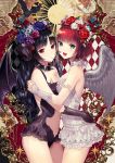  2girls :d angel angel_and_devil angel_wings animal animal_on_head apple aqua_eyes armband asymmetrical_docking bangs bare_shoulders bat bird bird_on_head black_gloves black_hair black_vs_white blue_rose blunt_bangs blush bob_cut breast_press breasts bridal_gauntlets butterfly butterfly_on_head center_opening choker cleavage clouds collar cowboy_shot cross-laced_clothes demon_girl demon_horns demon_wings diamond_(shape) dove eyebrows_visible_through_hair fingernails flower food from_side fruit gloves hair_flower hair_ornament heart highres horns hug lace lace-trimmed_gloves leaf leotard light_smile long_hair looking_at_viewer multiple_girls navel on_head open_mouth original parted_lips pink_rose purple_rose red_background red_eyes red_rose redhead ribbon ribbon_trim rose running sharp_fingernails short_hair skull_hair_ornament smile spiked_collar spikes star stomach strapless terai_(teraimorimori) wavy_hair white_flower white_gloves white_leotard white_ribbon white_rose white_wings wings 
