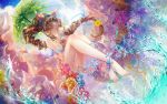  1girl aerith_gainsborough barefoot braid brown_hair cat_princess feet final_fantasy final_fantasy_vii flower from_below hair_ribbon legs long_hair ribbon solo toes twin_braids umbrella water 