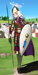  1girl absurdres alternate_hair_length alternate_hairstyle angel_wings armor bags_under_eyes blue_archive blue_sky blurry blurry_background boots byzantine_empire cape chainmail christianity crazy_eyes day glowing glowing_eyes grass greaves greek_commentary grin halo helmet highres holding holding_polearm holding_shield holding_weapon jesus kite_shield lamellar_armor latin_commentary looking_at_viewer medium_hair mika_(blue_archive) mixed-language_commentary outdoors pauldrons pink_hair polearm purple_cape pzkpfwi scale_armor shield shield_wall shoulder_armor sky smile solo spear standing sunlight vambraces walking weapon wings yellow_eyes 