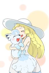  1girl alola_form alolan_vulpix blonde_hair braid closed_eyes dress hat holding lillie_(pokemon) long_hair open_mouth pokemon pokemon_(anime) pokemon_(creature) pokemon_(game) pokemon_sm pokemon_sm_(anime) shiroineko0220 sleeveless sleeveless_dress sun_hat white_dress white_hat 