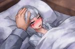  1girl blush breath burn_scar commentary dorei_to_no_seikatsu_~teaching_feeling~ dress_shirt grey_eyes half-closed_eyes hand_on_another&#039;s_head long_hair looking_at_viewer lying official_art on_bed parted_lips ray-k scar shirt sick silver_hair solo_focus sweat sweating_profusely sylvie_(dorei_to_no_seikatsu) towel towel_on_head under_covers 
