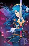  1girl blue_eyes blue_hair fingerless_gloves fire_emblem fire_emblem:_kakusei gloves long_hair looking_at_viewer lucina solo sword tiara weapon 