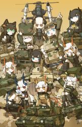  6+girls aircraft animal_ears black_hair blue_eyes blue_horns cannon changhe_z-10 chibi cup dragon_girl dragon_horns dragon_tail frider helicopter highres horns hq-17 leopard_ears leopard_girl mecha_musume military_uniform military_vehicle missile motor_vehicle mug multiple_girls orange_eyes orange_horns people's_liberation_army people's_liberation_army_ground_force personification radar_dish reactive_armor robot_ears smoke_grenade_launcher t-62 tail tank tank_turret tor-m1 vt-4_tank war_thunder white_hair wz-1001 zbd-04 zbl-08 ztl-11 ztz-88 ztz-96 