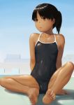  1girl ass bare_shoulders barefoot black_hair brown_eyes covered_navel dark_skin erect_nipples feet flat_chest highres one-piece_swimsuit original ponytail ranma_(kamenrideroz) school_swimsuit sitting soles solo spread_legs swimsuit toes 