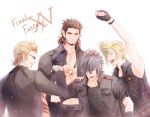  4boys akirakarin beard black_hair blonde_hair brown_hair copyright_name facial_hair final_fantasy final_fantasy_xv fist_pump gladiolus_amicitia happy ignis_scientia male_focus multiple_boys noctis_lucis_caelum prompto_argentum 