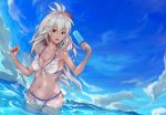  1girl :d ahoge asami_(user_kbd9247) bikini breasts brown_eyes cleavage dark_skin flower food front-tie_top granblue_fantasy hair_flower hair_ornament in_water long_hair looking_at_viewer medium_breasts midriff navel ocean open_mouth partially_submerged popsicle silver_hair smile solo standing swimsuit the_order_grande white_bikini white_hair 