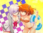  2girls arm_around_shoulders bikini black-framed_eyewear breasts eyes_visible_through_hair fate/grand_order fate_(series) fujimaru_ritsuka_(female) glasses grin hair_over_one_eye innertube large_breasts mgk968 multiple_girls one-piece_swimsuit one_eye_closed orange_hair purple_hair shielder_(fate/grand_order) short_hair side_ponytail smile swimsuit v violet_eyes yellow_eyes 