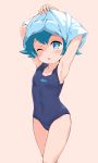  1girl ;o armpits arms_up blue_eyes blue_hair blush breasts covered_navel garun_wattanawessako highres hips one_eye_closed open_mouth pants pants_down pokemon pokemon_(game) pokemon_sm shirt short_hair simple_background sleeveless small_breasts solo suiren_(pokemon) trial_captain undressing white_background 