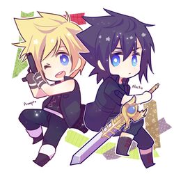  black_hair blonde_hair blue_eyes chibi final_fantasy final_fantasy_xv gun male_focus noctis_lucis_caelum one_eye_closed pentacle_dark prompto_argentum spiky_hair sword weapon 