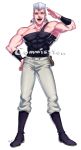  1boy abs anz black_boots blue_eyes boots earrings full_body hand_on_hip highres jean_pierre_polnareff jewelry jojo_no_kimyou_na_bouken male_focus muscle open_mouth pouch salute signature silver_hair smile solo watermark wristband 