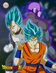  3boys absurdres aqua_eyes aqua_hair armor bald clenched_hand clenched_teeth copyright_name dragon_ball dragon_ball_super dragonball_z fighting_tunic highres hit_(dragon_ball) light_blue_eyes light_blue_hair looking_at_viewer looking_back male_focus multiple_boys serious son_gokuu teeth vegeta 