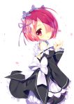  1girl :o blush collar commentary_request detached_collar detached_sleeves flower frilled_collar frills hair_flower hair_ornament hair_over_one_eye hair_ribbon looking_at_viewer maid maid_headdress open_mouth pink_eyes pink_hair ram_(re:zero) re:zero_kara_hajimeru_isekai_seikatsu ribbon shimesaba_kohada short_hair sleeves solo white_background 