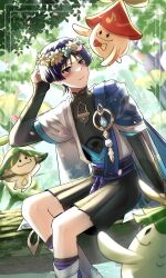  1boy absurdres animal_print aranara_(genshin_impact) arm_at_side armor backlighting belt bird_print black_belt black_bow black_bridal_gauntlets black_leggings black_shorts blue_cape blue_kimono blue_sleeves blunt_ends blush bow bridal_gauntlets canopy_(forest) cape closed_mouth flower furisode genshin_impact grey_trim hakama hakama_shorts han'eri hand_on_own_head hand_up highres japanese_armor japanese_clothes kimono kote kurokote layered_kimono layered_sleeves leg_warmers leggings looking_at_creature male_focus open_clothes open_kimono outdoors pink_petals pleated_shorts purple_hair purple_rope purple_sash rixira_(234416714) rope sash scaramouche_(genshin_impact) short_sleeves shorts sitting_on_branch tassel violet_eyes wanderer_(genshin_impact) white_flower white_kimono white_leg_warmers white_sleeves 