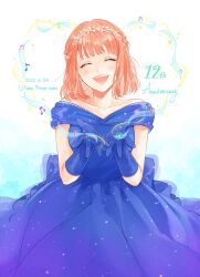  1girl :d ^_^ anniversary back_bow bare_shoulders blue_bow blue_dress blue_gloves bob_cut bow closed_eyes collarbone copyright_name dated dress earrings facing_viewer feet_out_of_frame gloves gown gradient_background hairband half_up_braid head_tilt highres jewelry light_blush light_particles musical_note nanami_haruka off-shoulder_dress off_shoulder open_hands orange_hair orange_lips orenji_(lullaby) short_hair short_sleeves smile solo staff_(music) straight-on uta_no_prince-sama white_background wispy_bangs 