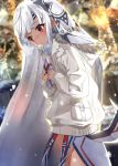  1girl altera_(fate) blush brown_eyes coat fate/grand_order fate_(series) gendo0033 gift solo veil white_hair winter_clothes winter_coat 
