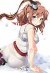  1girl arm_support armor ass bangs belt blue_eyes blush breast_hold breasts brown_hair burnt_clothes dress eyebrows_visible_through_hair floating_hair from_behind hair_between_eyes kantai_collection large_breasts long_hair looking_at_viewer medium_breasts parted_lips red_neckerchief red_shoes rudder_shoes saratoga_(kantai_collection) shoes short_sleeves side_glance sideboob sitting skin_tight solo torimaru torn_clothes white_background white_dress yokozuwari 