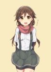  1girl :d arashio_(kantai_collection) arm_warmers arms_behind_back bike_shorts brown_eyes brown_hair cowboy_shot grey_skirt highres kantai_collection long_hair looking_at_viewer open_mouth pleated_skirt red_scarf scarf shirt short_sleeves skirt smile solo suspenders white_shirt yellow_eyes zhi_zhi/zu_zu 