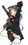  1girl :d absurdres blush brown_hair character_request chromatic_aberration commentary_request fingerless_gloves gloves green_legwear gun hand_up highres jumping long_hair low-tied_long_hair oota_youjo open_mouth shotgun smile solo thigh-highs weapon weapon_request yellow_eyes zettai_ryouiki 