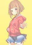  1girl :&gt; bangs blue_skirt blunt_bangs blush brown_eyes brown_hair closed_mouth cowboy_shot eyebrows_visible_through_hair hand_in_pocket highres hirasato hood hoodie idolmaster idolmaster_cinderella_girls kitami_yuzu looking_at_viewer outstretched_hand short_hair_with_long_locks simple_background sketch skirt smile solo yellow_background 