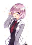  1girl adjusting_glasses black-framed_eyewear blush breasts commentary_request emilion fate/grand_order fate_(series) glasses hair_over_one_eye highres jacket long_sleeves looking_at_viewer medium_breasts necktie open_mouth pink_hair pocket red_necktie shielder_(fate/grand_order) short_hair solo sparkle upper_body violet_eyes wing_collar 