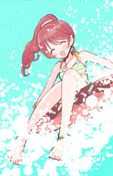  1girl anklet armpits blue_background blush breasts cabocha8 closed_eyes collarbone donut_innertube dot_nose eyelashes highres idolmaster idolmaster_cinderella_girls idolmaster_cinderella_girls_starlight_stage innertube jewelry long_hair necklace one-piece_swimsuit open_mouth ponytail red_hair shiina_noriko sidelocks sitting small_breasts solo splashing splatter swim_ring swimsuit wavy_hair 