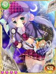  &gt;_&lt; 2girls artist_request bag blonde_hair blue_hair blush building capelet card_(medium) chibi chouun closed_eyes crescent_moon cuffs gloves green_eyes hand_to_own_mouth handcuffs hat holding houtou koihime_musou long_hair magnifying_glass mask moon multiple_girls night night_sky official_art open_mouth paper photo_(object) shirt shokatsuryou short_hair shouting skirt sky smile star_(sky) suspender_skirt suspenders thigh-highs twintails white_legwear wind wind_lift zettai_ryouiki 
