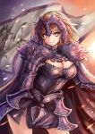  1girl armor armored_dress bangs blonde_hair breasts cape chains cleavage cowboy_shot fate/grand_order fate_(series) flag fur gauntlets headpiece jeanne_alter large_breasts long_hair parted_lips ruler_(fate/apocrypha) solo sumapan yellow_eyes 