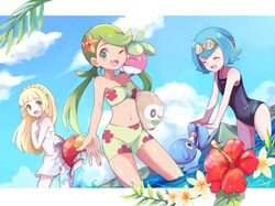  3girls ball beachball bikini blonde_hair blue_hair bounsweet braid closed_eyes clouds french_braid goggles goggles_on_head green_eyes green_hair lillie_(pokemon) long_hair magikarp mallow_(pokemon) mei_(maysroom) midriff multiple_girls navel one-piece_swimsuit one_eye_closed open_mouth partially_submerged pokemon pokemon_(anime) pokemon_(creature) pokemon_(game) pokemon_sm pokemon_sm_(anime) popplio rowlet short_hair sky staryu suiren_(pokemon) swimsuit trial_captain twintails water white_swimsuit 