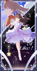  2girls 3rd_live_tour_try_tri_unity!!! achin_(putsi_2025) animification bare_shoulders bass_clef beamed_eighth_notes blunt_bangs brown_eyes brown_hair closed_mouth clothing_cutout clouds commentary_request dress floating_hair frilled_dress frills fujishima_megumi full_body grin half_note hat heart highres key_of_like! layered_dress light_particles link!_like!_love_live! link_to_the_future_(love_live!) long_hair looking_at_viewer love_live! medium_dress mini_hat mini_shako_cap multiple_girls musical_note neckerchief official_alternate_costume official_alternate_hairstyle open_clothes open_vest pink_dress real_life red_hat red_vest shako_cap shoes short_sleeves shoulder_cutout sixteenth_note smile song_name staff_(music) star-shaped_gem star_(symbol) treble_clef tsukine_kona twintails two_side_up vest violet_eyes voice_actor voice_actor_connection white_footwear white_neckerchief 