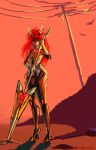  1girl amou_kanade artist_request bird bodysuit boots full_body headgear high_heels holding holding_weapon horned_headwear long_hair looking_to_the_side polearm power_lines red_background red_eyes redhead senki_zesshou_symphogear skin_tight solo source_request spear spiky_hair standing telephone_pole thigh-highs thigh_boots vambraces weapon 
