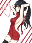  1girl armpits black_hair black_legwear breasts clock_eyes date_a_live heart highres mouth_hold red_sweater smile solo symbol-shaped_pupils tagme thigh-highs tokisaki_kurumi tokisakijp virgin_killer_sweater yellow_eyes 