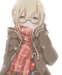 1girl blonde_hair blush fate/grand_order fate_(series) glasses heroine_x_(alter) hiro_(hirohiro31) jacket looking_at_viewer plaid plaid_scarf scarf semi-rimless_glasses short_hair simple_background solo under-rim_glasses yellow_eyes 