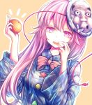  1girl breasts commentary_request food fruit holding holding_fruit long_hair long_sleeves mandarin_orange mask small_breasts solo t.m_(aqua6233) touhou wide_sleeves 