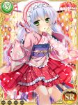  1girl artist_request blue_hair blush card_(medium) green_eyes hand_to_own_mouth houtou japanese_clothes kimono koihime_musou long_hair obi official_art open_mouth ribbon sash skirt sleeves_past_wrists smile solo twintails yukata 