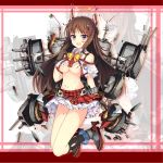  1girl anchor_hair_ornament anklet black_legwear bow breasts broken brown_gloves brown_hair caio_duilio_(zhan_jian_shao_nyu) cannon chains cleavage crop_top cropped_jacket damaged explosion frilled_skirt frills full_body gloves grey_shoes hair_ornament halo highres horns italian_flag italy jacket jewelry jianren long_hair looking_at_viewer machinery midriff navel official_art open_mouth plaid plaid_skirt puffy_short_sleeves puffy_sleeves red_skirt shell shoes short_sleeves skirt smoke socks solo torn_clothes turret violet_eyes white_jacket yellow_bow zhan_jian_shao_nyu zoom_layer 
