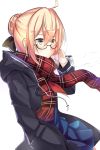  adjusting_glasses ahoge blonde_hair blue_skirt bow coat comic commentary_request fate/grand_order fate/stay_night fate_(series) glasses green_eyes hair_bow hair_bun hair_up hand_in_pocket heroine_x_(alter) ido_(teketeke) long_sleeves open_clothes open_coat plaid plaid_scarf saber scarf skirt solo steaming_breath white_background winter_clothes winter_coat yellow_eyes 