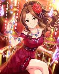  1girl alternate_hairstyle armband artist_request bracelet brown_eyes brown_hair dress earrings flower hair_flower hair_ornament idolmaster idolmaster_cinderella_girls jewelry komuro_chinami legs_crossed necklace official_art ponytail red_dress 