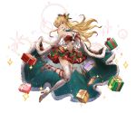  1girl bare_shoulders blonde_hair bow box christmas_ornaments elbow_gloves full_body fur_trim gift gift_box gloves granblue_fantasy hair_ornament long_hair looking_at_viewer midriff minaba_hideo official_art open_mouth orange_eyes ribbon skirt smile solo sparkle thigh-highs transparent_background vira 