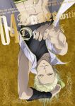  1boy blonde_hair dance_with_devils highres jewelry looking_at_viewer male_focus nanashiro_mage navel necklace official_art open_clothes open_shirt outstretched_hand shirt short_hair smile solo text upside-down white_shirt yellow_eyes 