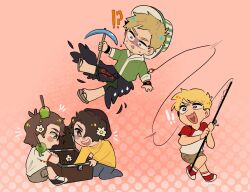  !? 4boys blonde_hair blue_eyes blush_stickers brown_eyes brown_hair chibi chibi_only commentary english_commentary fishing_rod flower gomi_(gomiidd) hair_flower hair_ornament hardcore_heart heart highres holding holding_fishing_rod male_focus minecraft minecraft_pickaxe minecraft_youtube multiple_boys open_mouth ph1lza pickaxe raglan_sleeves sandals shoes short_hair shorts slimecicle sneakers stick surprised sweater tommyinnit wilbur_soot wristband yellow_sweater 
