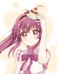  1girl ahoge bow bowtie clenched_hand food food_on_head fruit hairband long_hair looking_at_viewer object_on_head parted_lips ponytail pudding purple_hair shikou_sakugo_(qqap9gt9k) sleeveless solo strawberry sugiura_ayano violet_eyes yuru_yuri 
