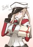  1girl 2017 adjusting_clothes adjusting_hat artist_name black_gloves blonde_hair blush breasts capelet chocolate collar covered_navel dated gift gloves graf_zeppelin_(kantai_collection) grey_background hat holding holding_gift iron_cross jacket kantai_collection large_breasts long_sleeves looking_to_the_side necktie pallad peaked_cap red_necktie solo twintails upper_body valentine violet_eyes white_jacket 